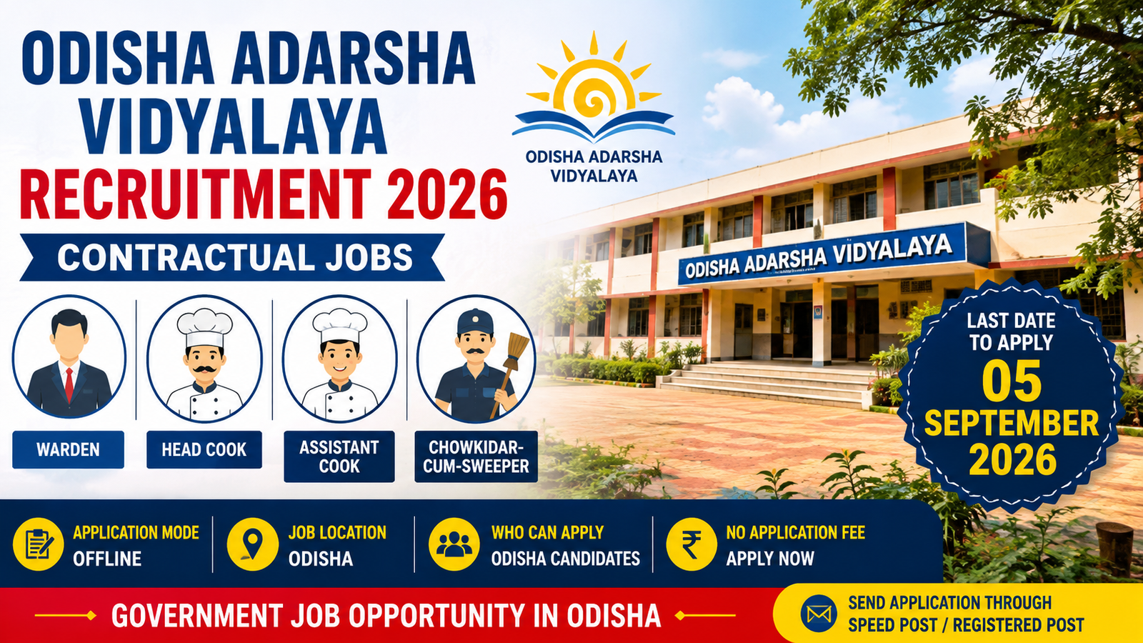 Odisha Adarsha Vidyalaya Recruitment 2026 for Warden Head Cook Assistant Cook and Chowkidar Posts